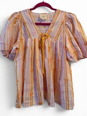 Umgee Lavender & Orange Striped Tie-Front Peasant Top